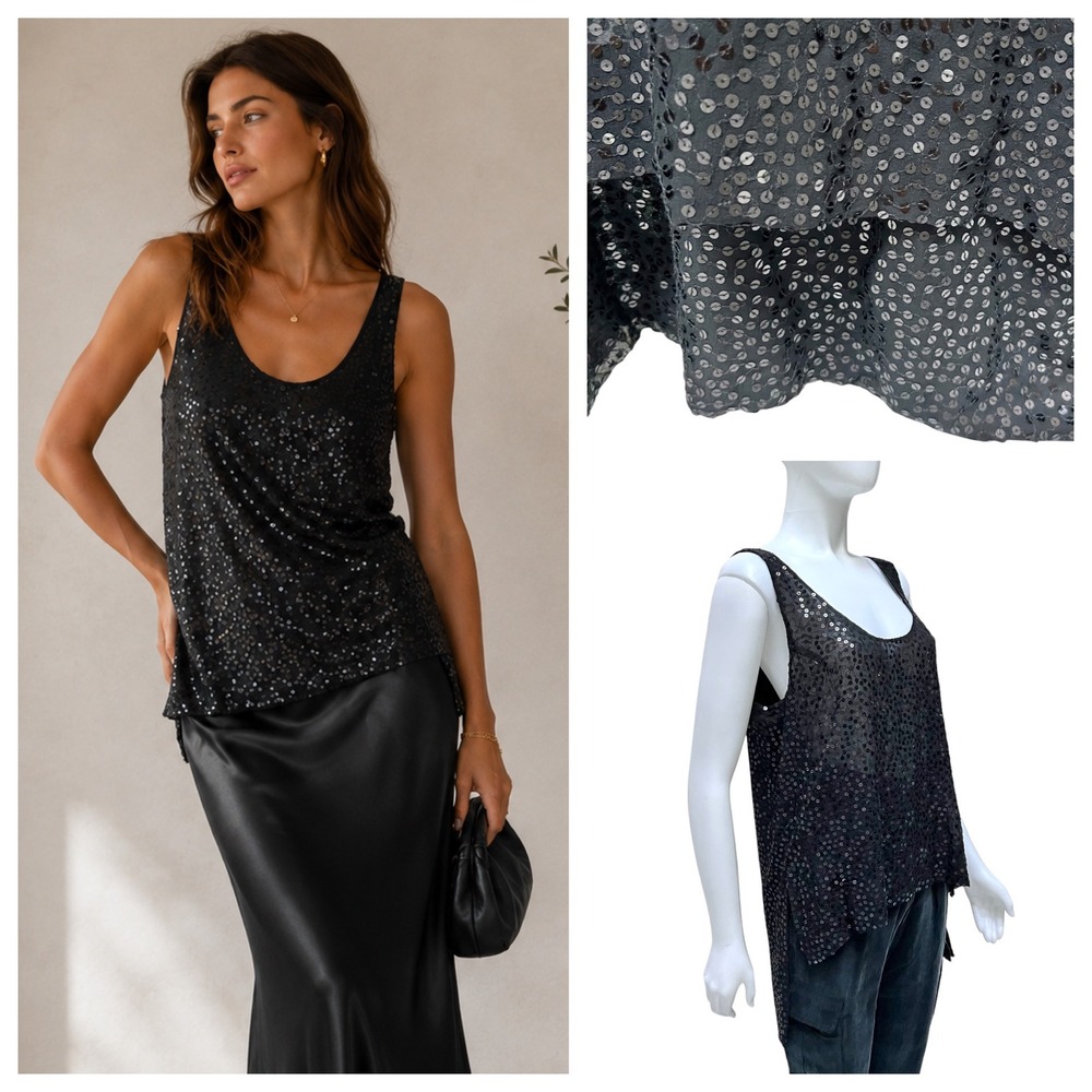 VTG Diane von Furstenberg Silk Sequin‎ Tank Top 12 Black Asymmetric Y2K Archival